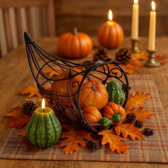 Harvest Cornucopia Candle Centerpiece Rustic Wire Basket Fall Thanksgiving Decor - Picture 1 of 16